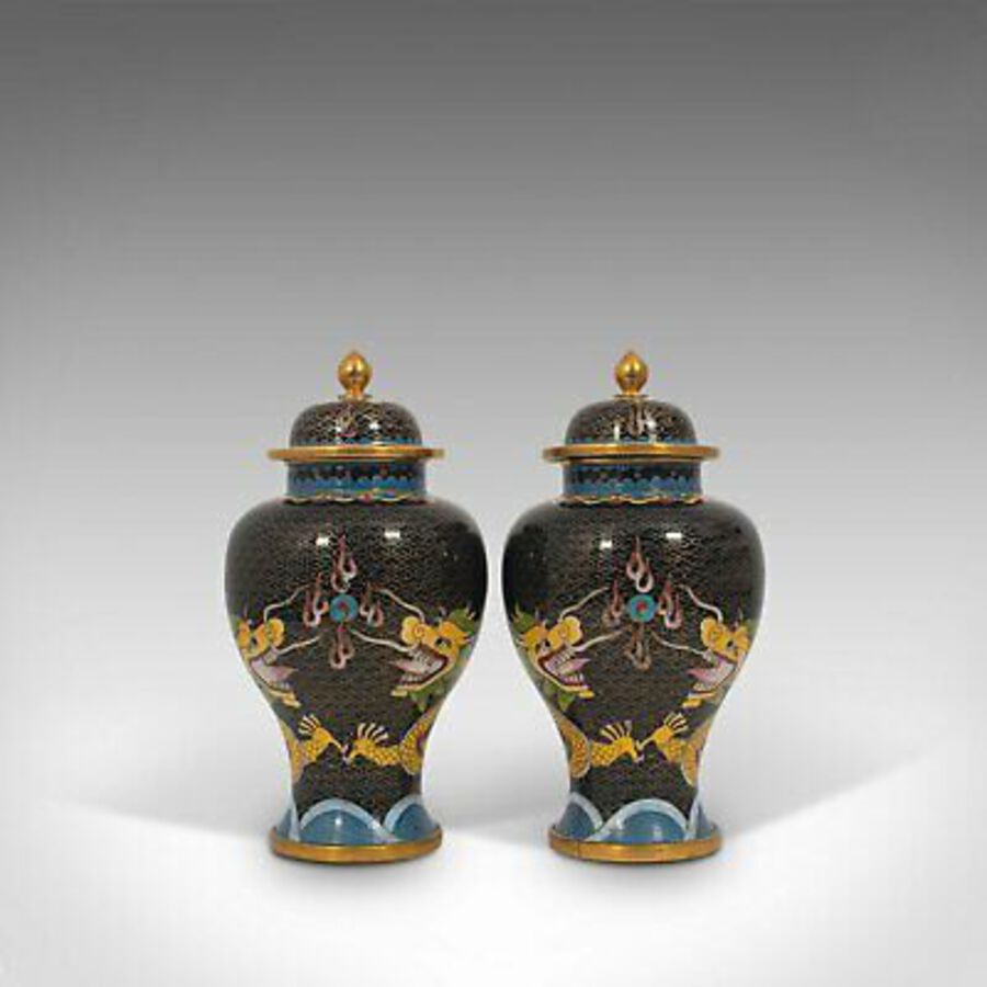 Antique Pair Of, Antique Decorative Spice Jars, Chinese, Cloisonne, Baluster Urn, C.1900