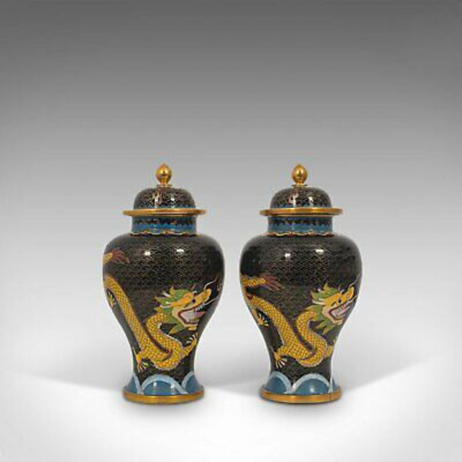 Antique Pair Of, Antique Decorative Spice Jars, Chinese, Cloisonne, Baluster Urn, C.1900