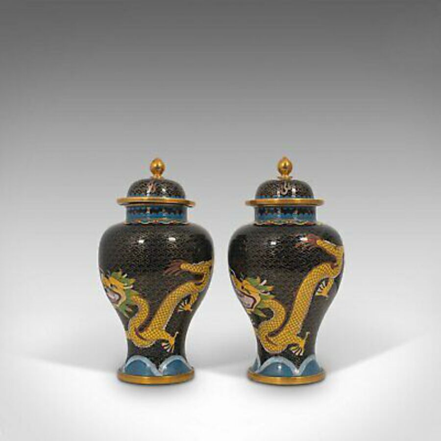 Antique Pair Of, Antique Decorative Spice Jars, Chinese, Cloisonne, Baluster Urn, C.1900