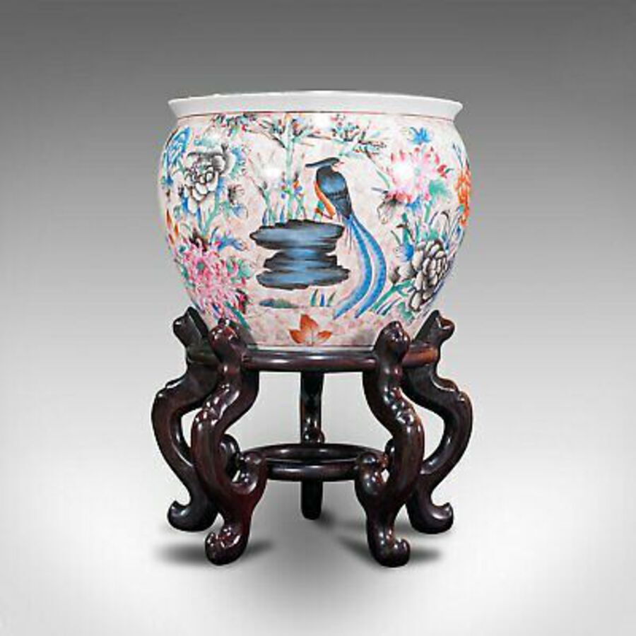 Antique Vintage Decorative Fish Bowl, Chinese, Ceramic, Rosewood, Jardiniere, Art Deco