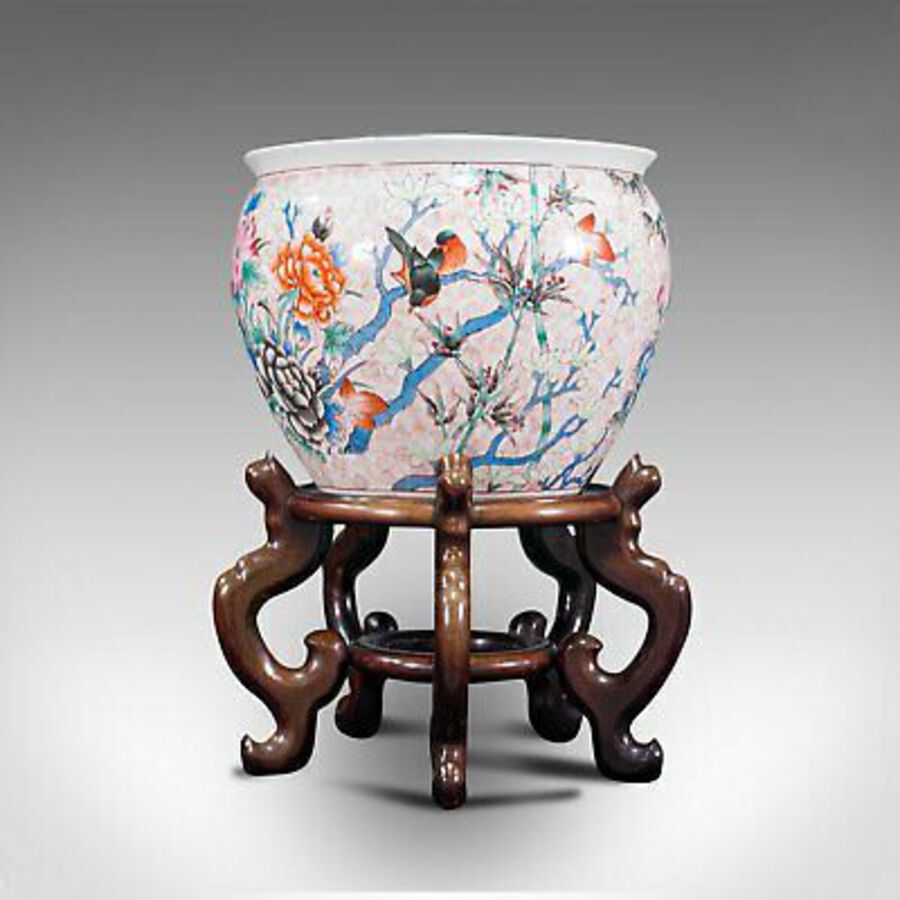 Antique Vintage Decorative Fish Bowl, Chinese, Ceramic, Rosewood, Jardiniere, Art Deco