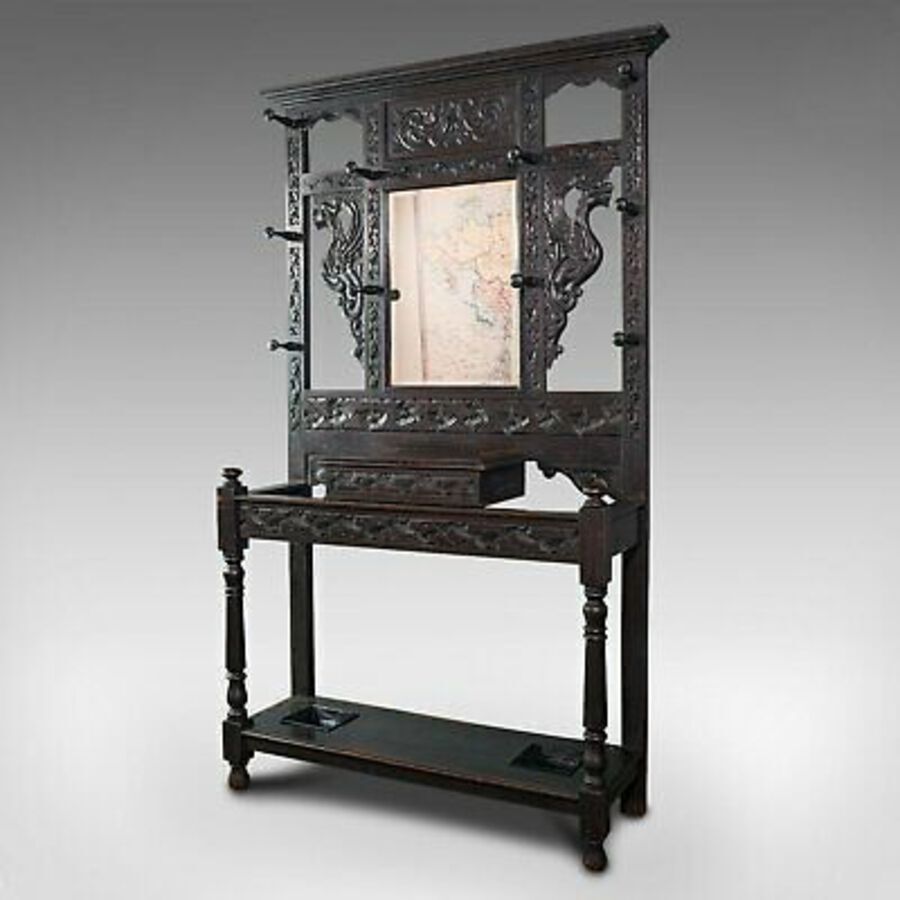 Antique Tall Antique Hall Stand, English, Oak, Mirror, Coat Rack, Chinoiserie, Victorian