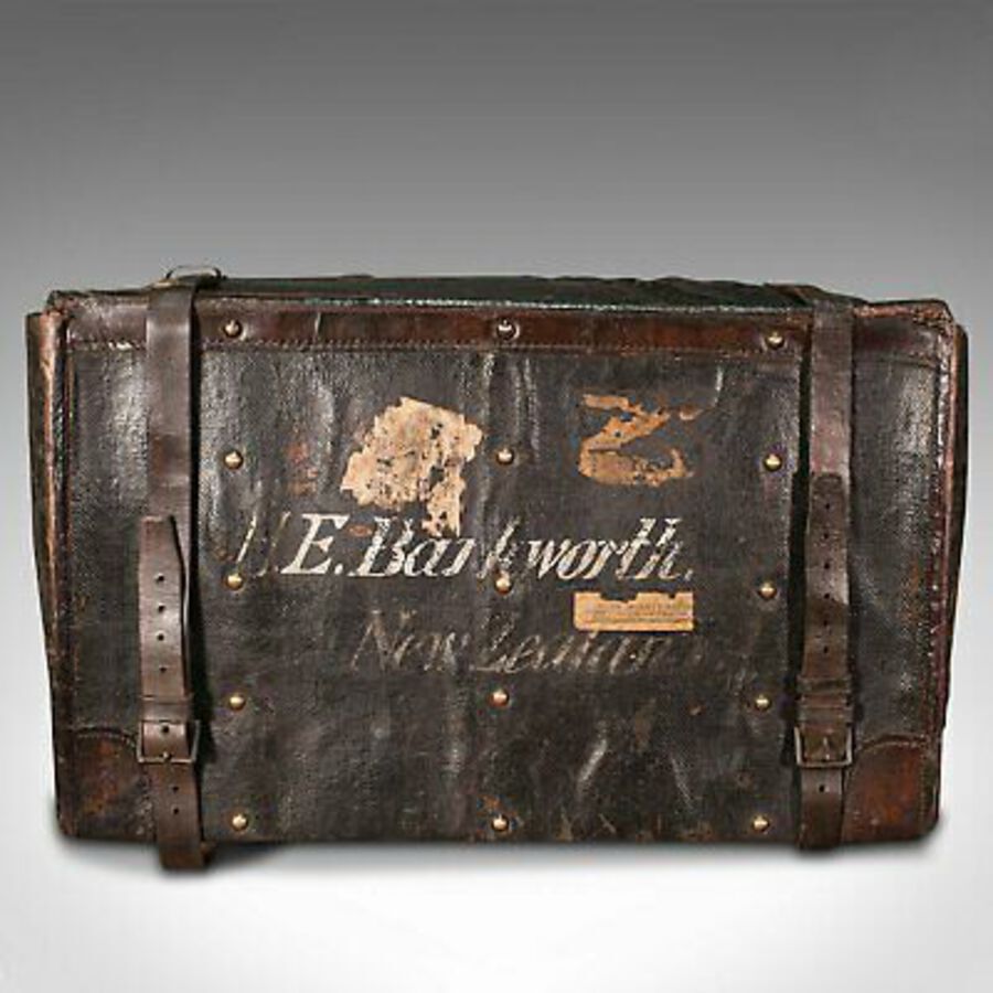 Antique Vintage Overseas Voyage Trunk, English, Leather, Travel Case, Luggage, C.1930
