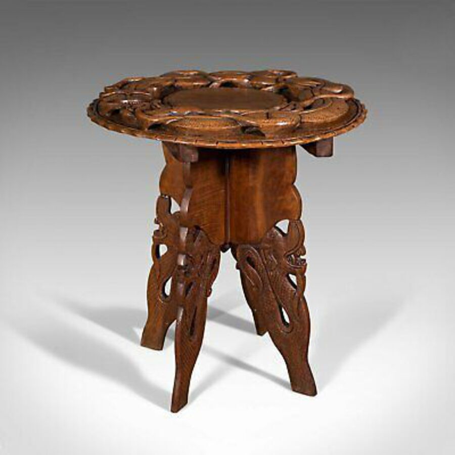 Antique Vintage Carved Occasional Table, Chinese, Elm, Side, Lamp, Art Deco, Circa 1940