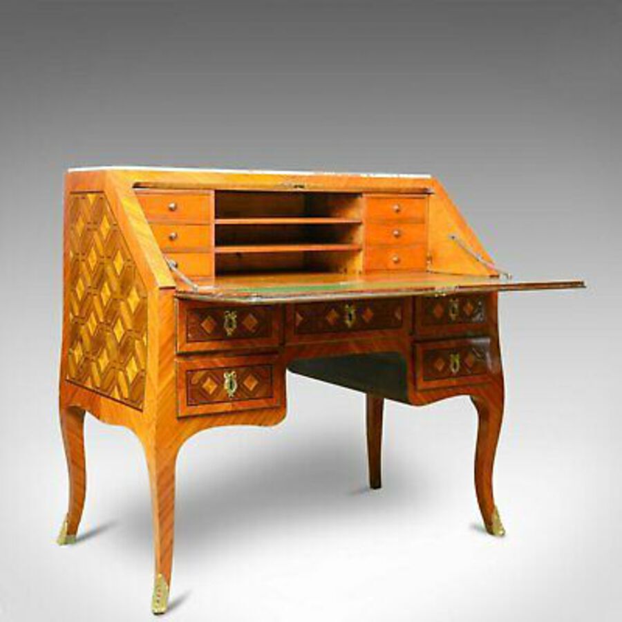 Antique Antique Bureau, French, Marble Top, Kingwood, Marquetry Desk, Circa 1900