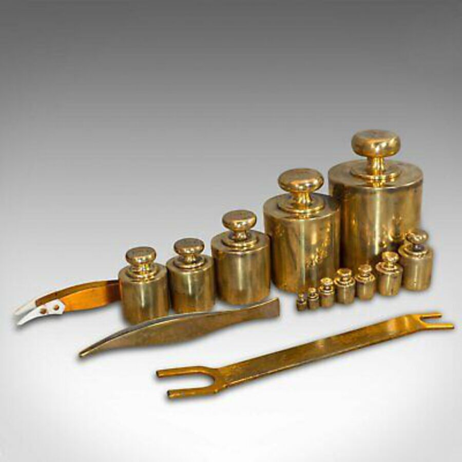 Antique Set Of, Vintage Balance Weights, English, Brass, Scientific, Apothecary, Assay