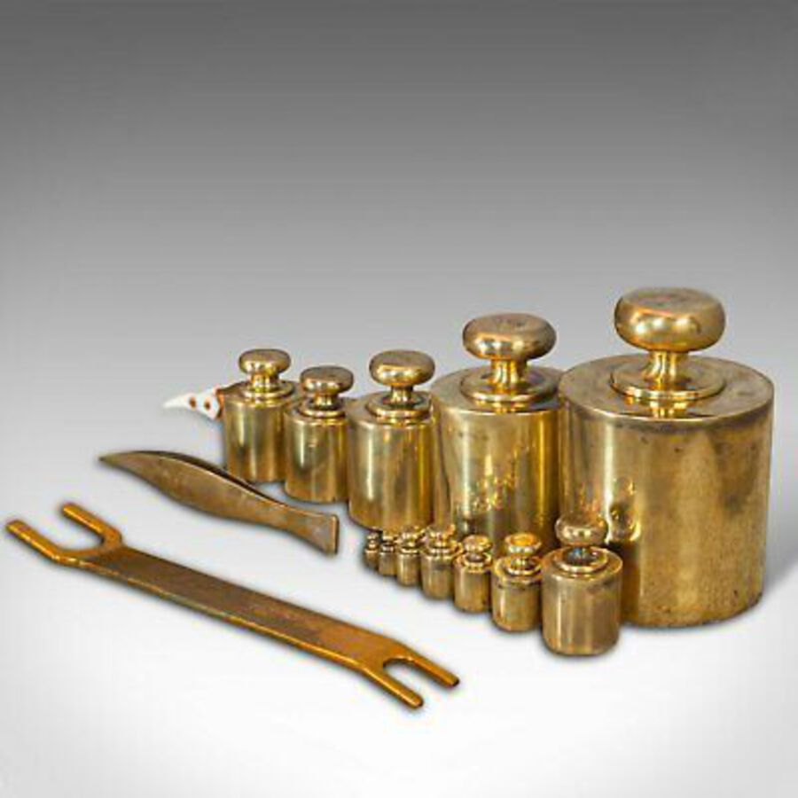 Antique Set Of, Vintage Balance Weights, English, Brass, Scientific, Apothecary, Assay