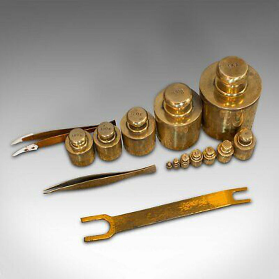 Antique Set Of, Vintage Balance Weights, English, Brass, Scientific, Apothecary, Assay