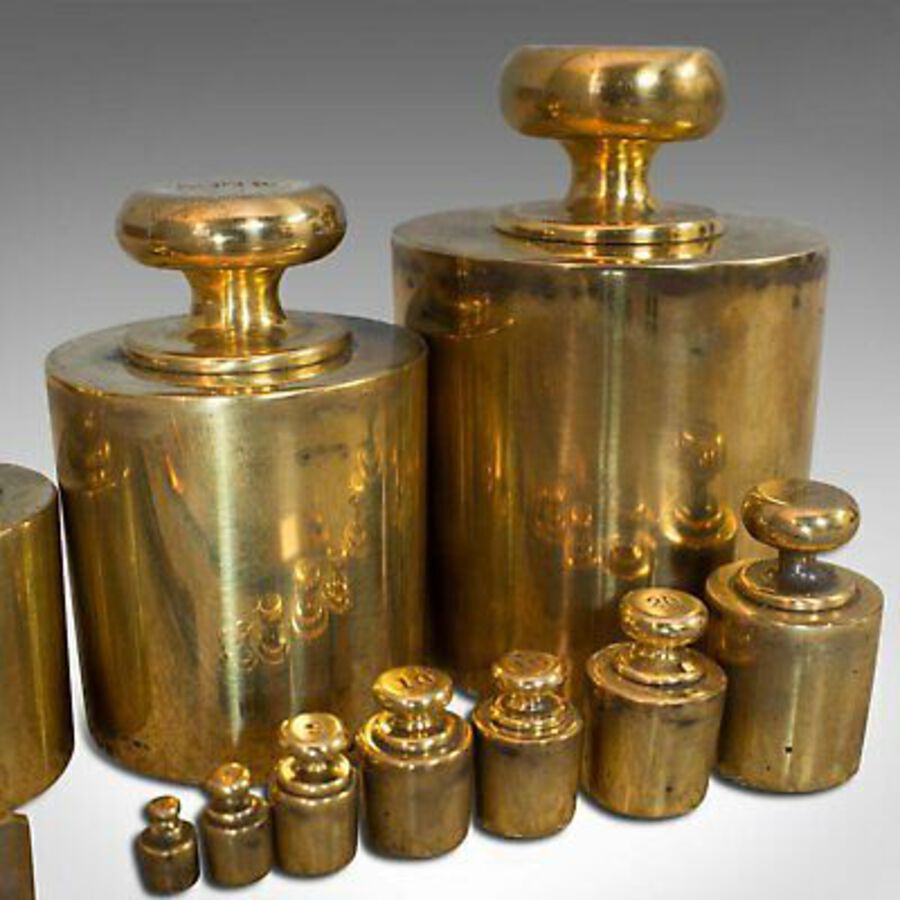 Antique Set Of, Vintage Balance Weights, English, Brass, Scientific, Apothecary, Assay