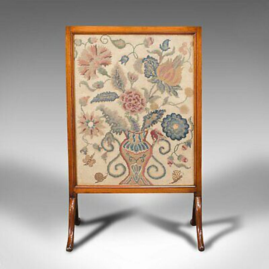 Antique Antique Embroidered Fire Screen, Walnut, Needlepoint Tapestry, Victorian, 1900
