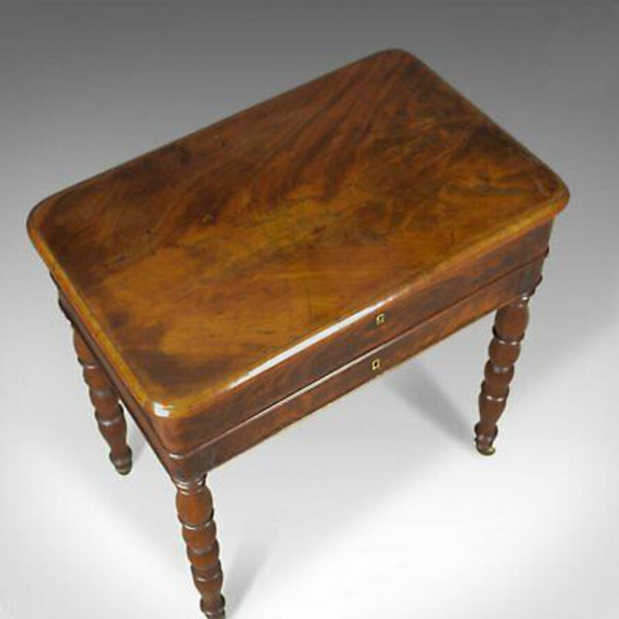 Antique Antique Sewing Table, English, Victorian, Flame Mahogany, Side, C19th, c.1840