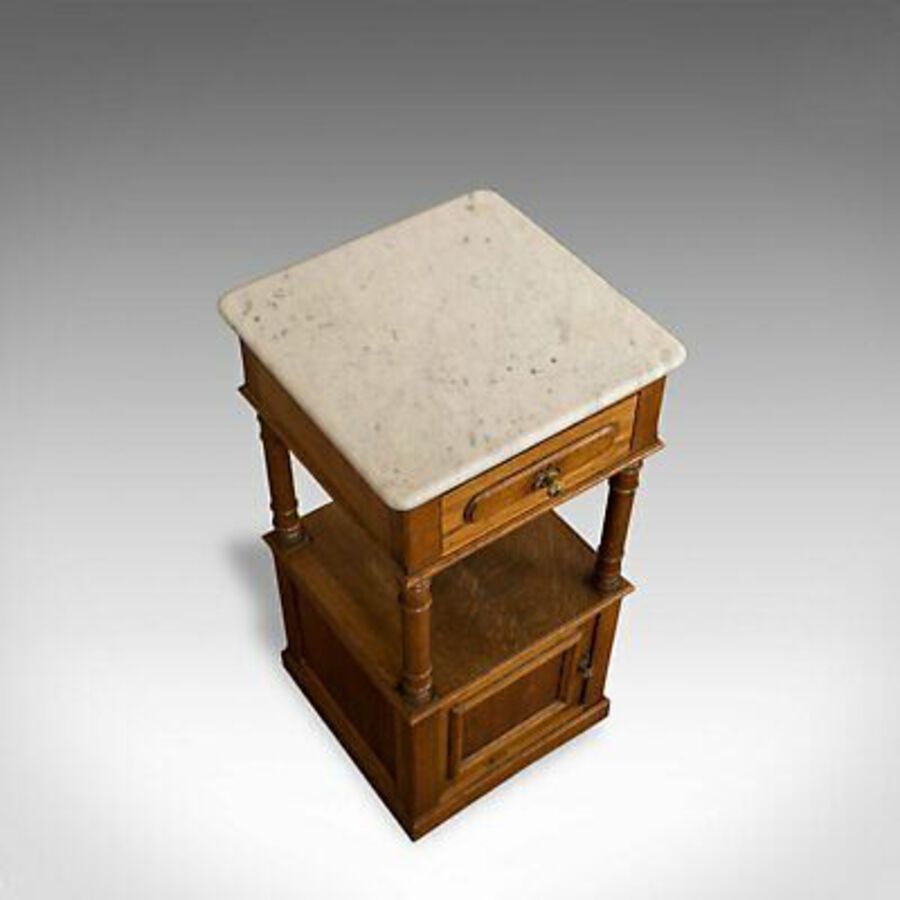 Antique Antique Bedside Cabinet, French, Oak, Marble, Nightstand, Circa 1930