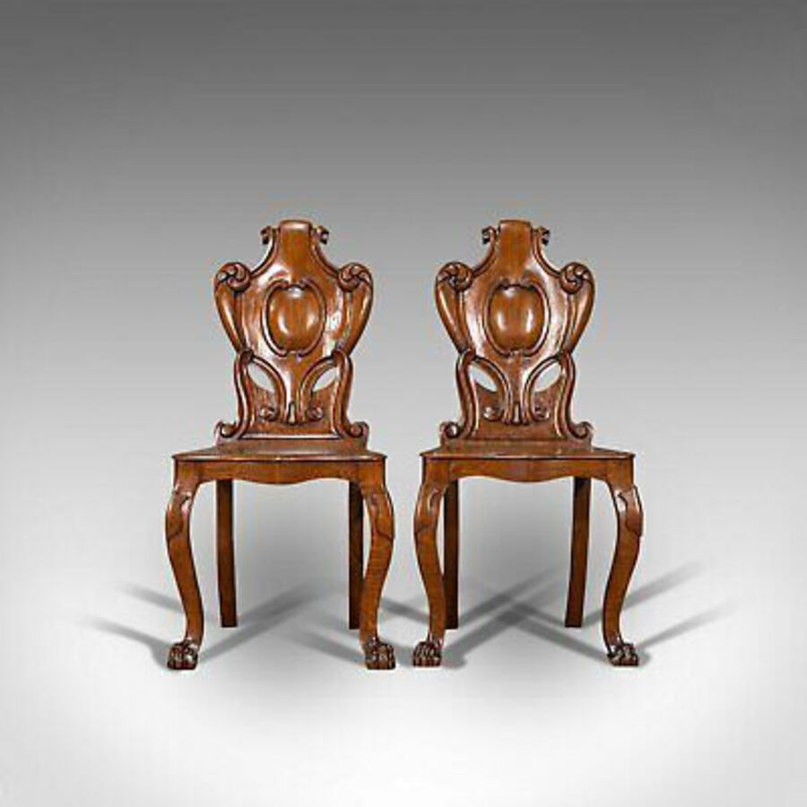 Antique Pair Of, Antique Shield Back Chairs, Scottish, Oak, Hall Seat, Victorian, C.1880