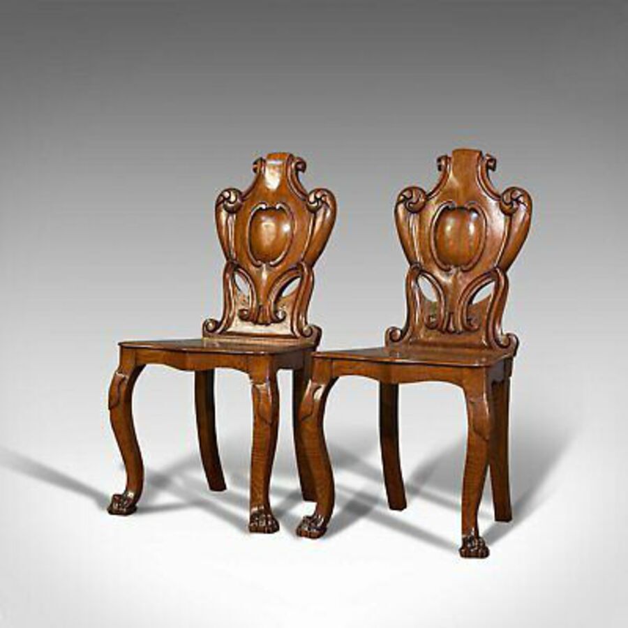 Antique Pair Of, Antique Shield Back Chairs, Scottish, Oak, Hall Seat, Victorian, C.1880
