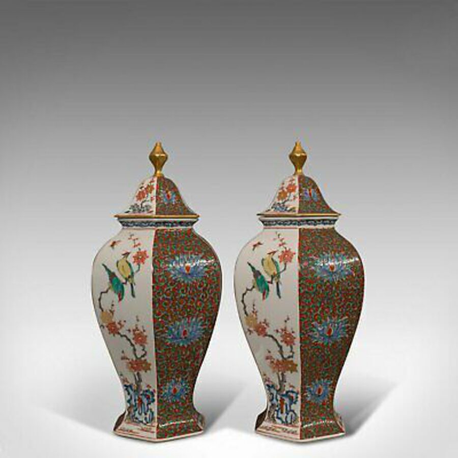 Antique Pair of Vintage Hexagonal Spice Jars, Oriental, Ceramic, Baluster, Urn, Avian