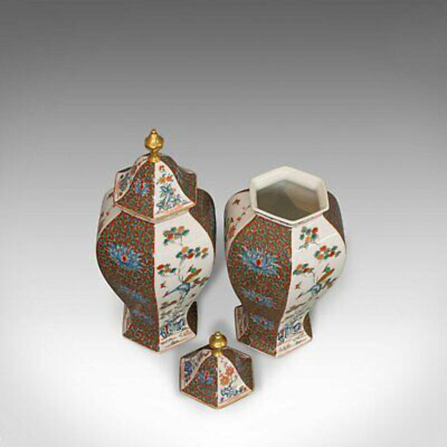 Antique Pair of Vintage Hexagonal Spice Jars, Oriental, Ceramic, Baluster, Urn, Avian