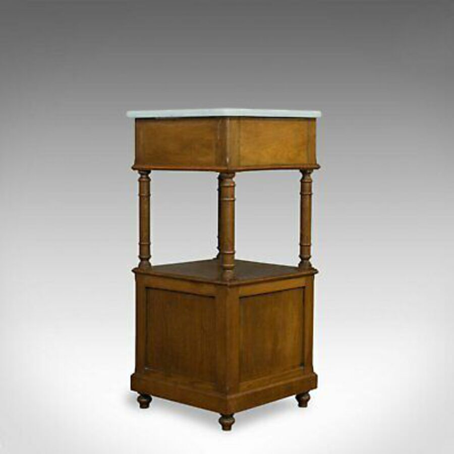 Antique Antique Bedside Cabinet, French, Oak, Marble, Lamp, Nightstand, Circa 1930