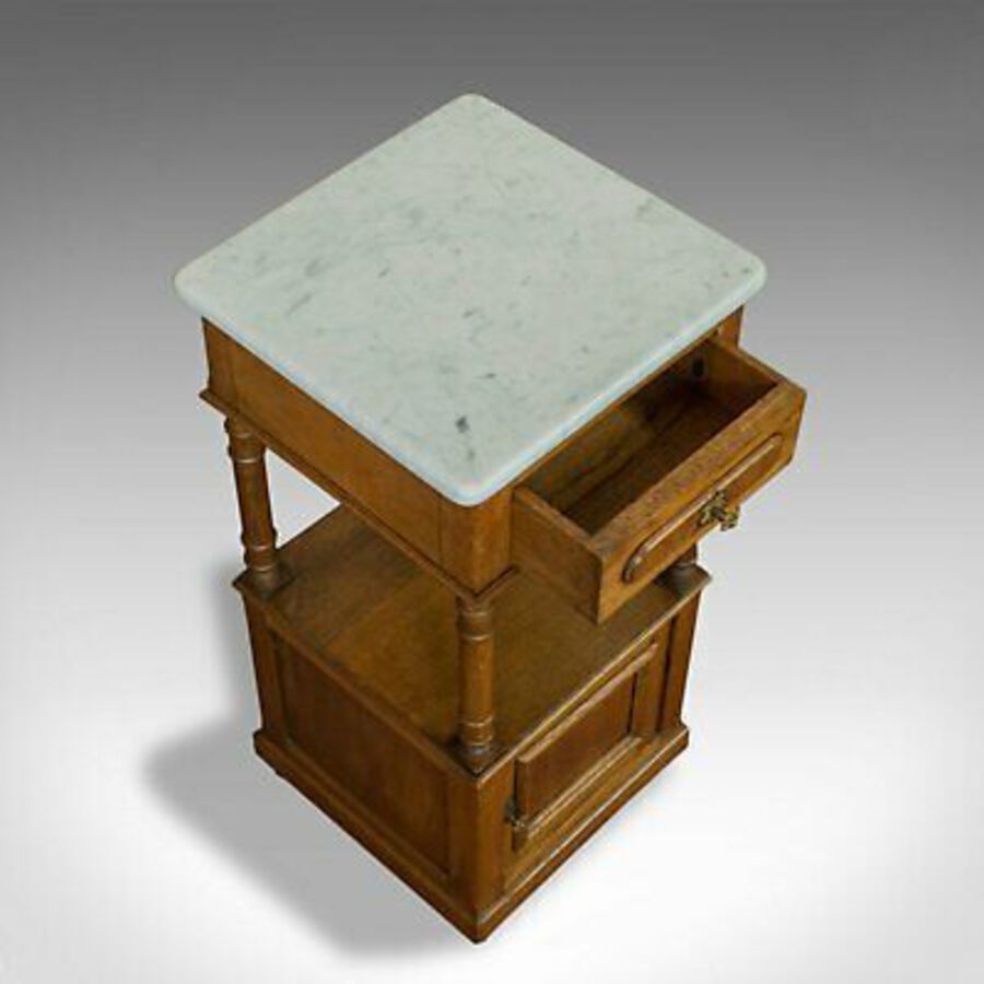Antique Antique Bedside Cabinet, French, Oak, Marble, Lamp, Nightstand, Circa 1930