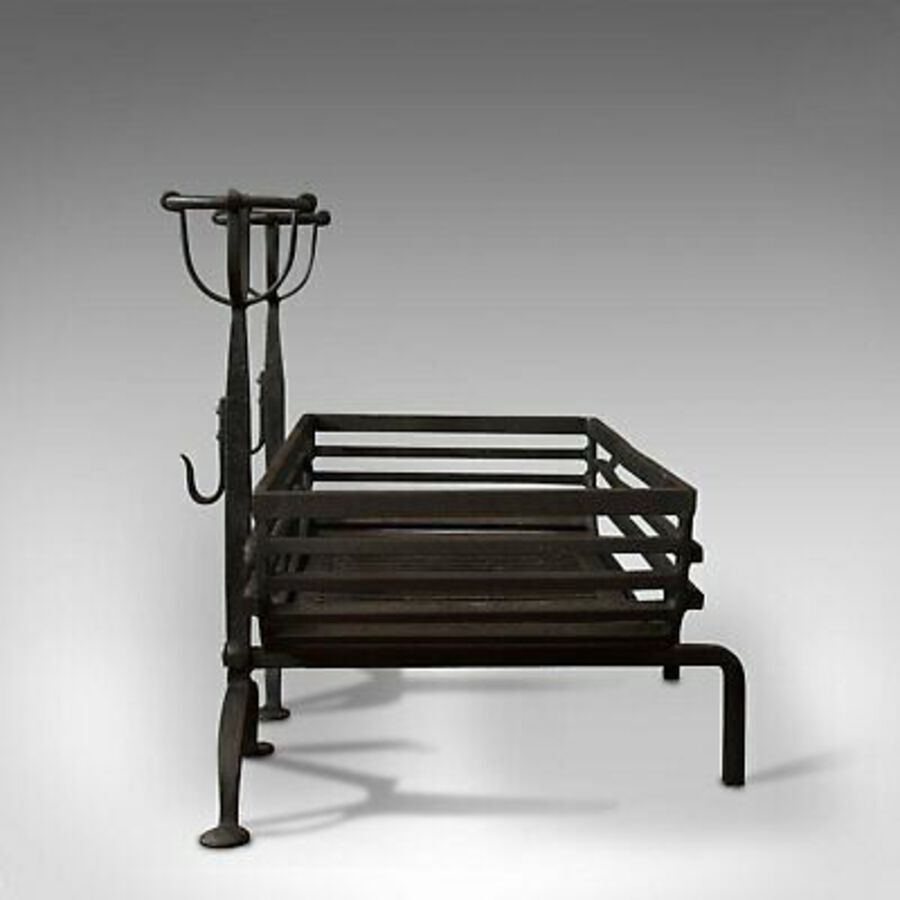 Antique Antique Fire Basket, Pair of Andirons, English, Iron, Fireside, Victorian, 1900