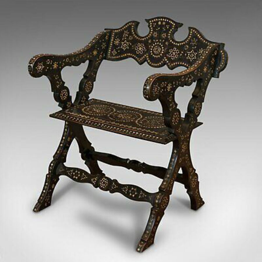 Antique Antique X-Frame Chair, Middle Eastern, Mahogany, Seat, Bone Inlay, Circa 1850