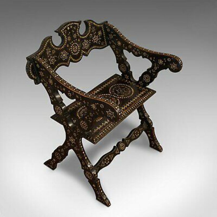 Antique Antique X-Frame Chair, Middle Eastern, Mahogany, Seat, Bone Inlay, Circa 1850