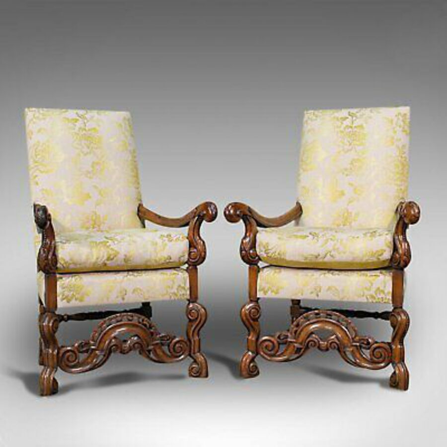 Pair Of Antique Drawing Room Elbow Chairs, English, Walnut, Armchair, Georgian