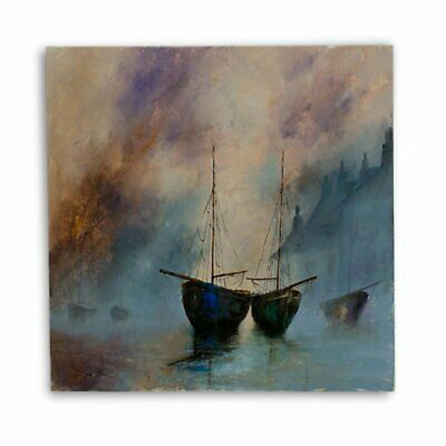 Antique Square Landscape, Oil Painting, Marine, Ships, Art, Original, 19.75