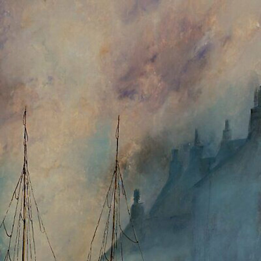 Antique Square Landscape, Oil Painting, Marine, Ships, Art, Original, 19.75