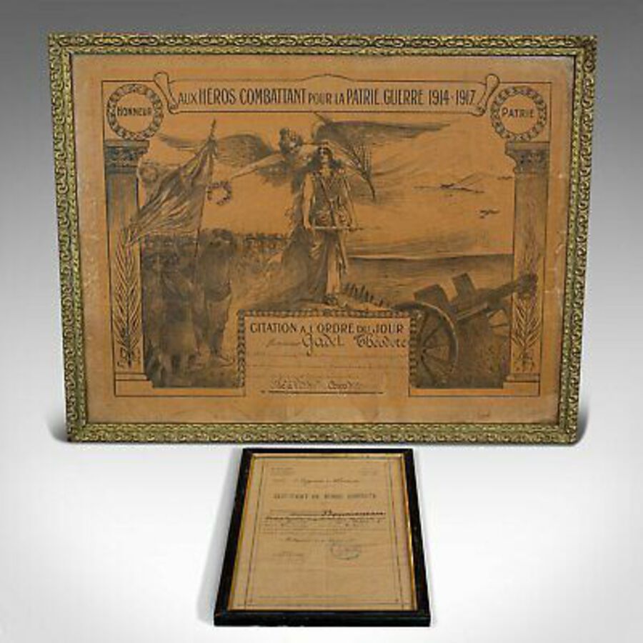 Antique Antique Pair of Framed Certificates, French, Award of Honour, WW1, Circa 1920
