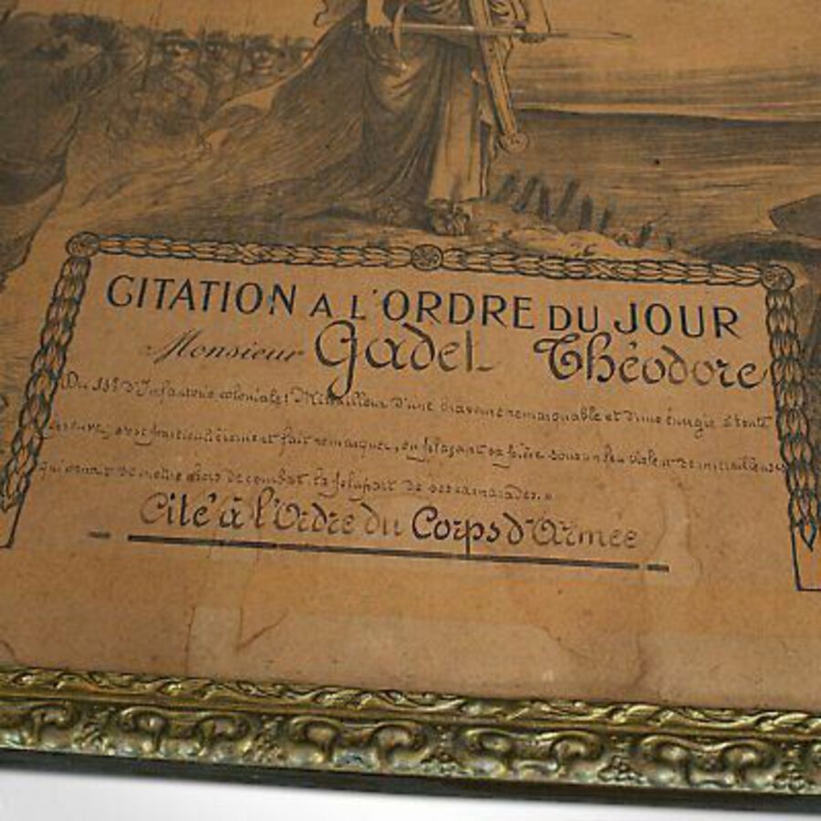 Antique Antique Pair of Framed Certificates, French, Award of Honour, WW1, Circa 1920
