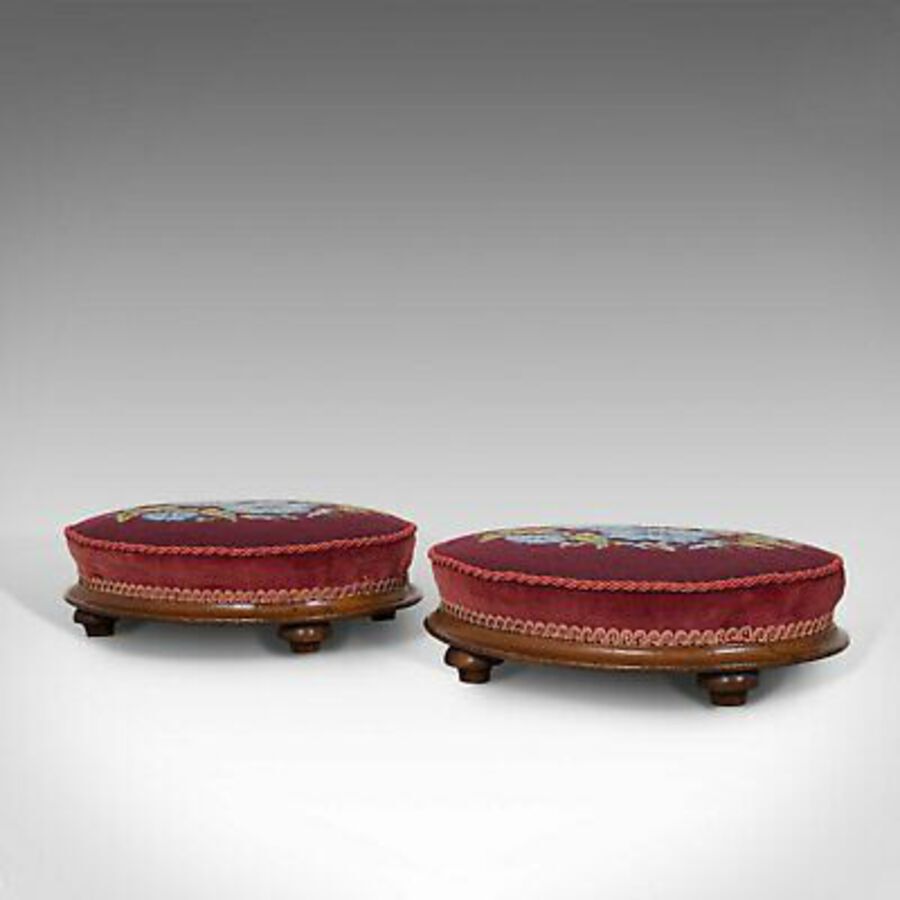 Antique Pair of Antique Footstools, English, Walnut, Needlepoint, Rest, Victorian C.1860