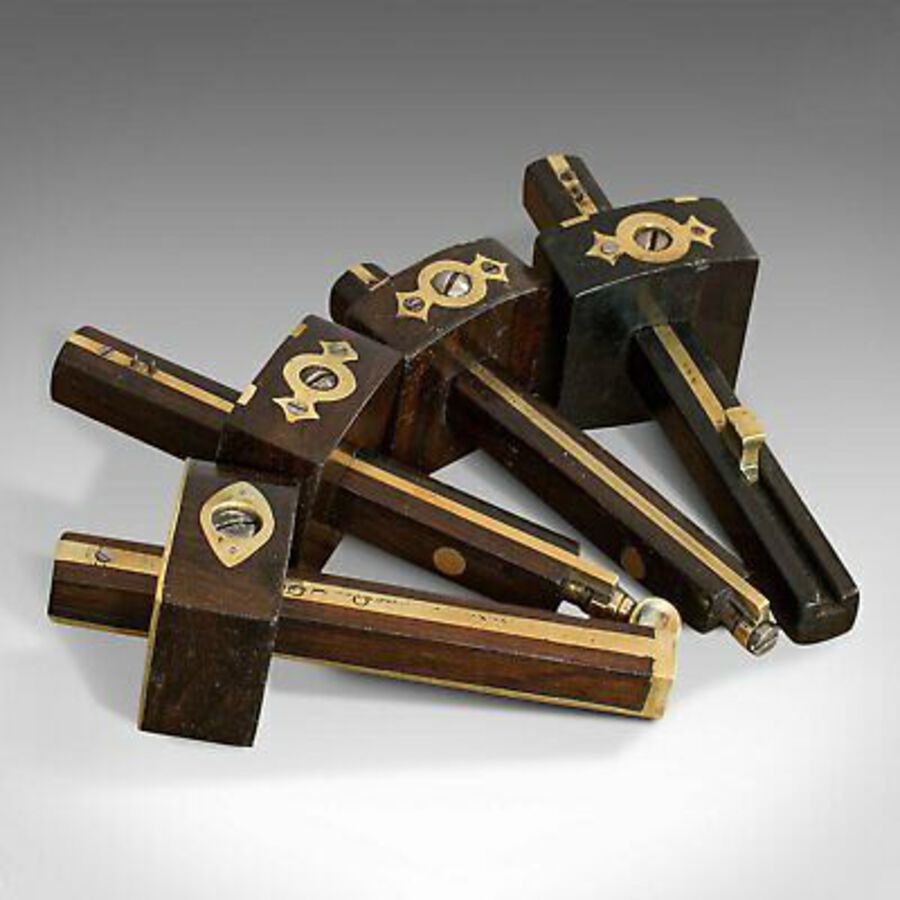 Antique Set Of Vintage Mortise Gauges, Four, Rosewood, Brass, Carpenter's Tools, C.1950