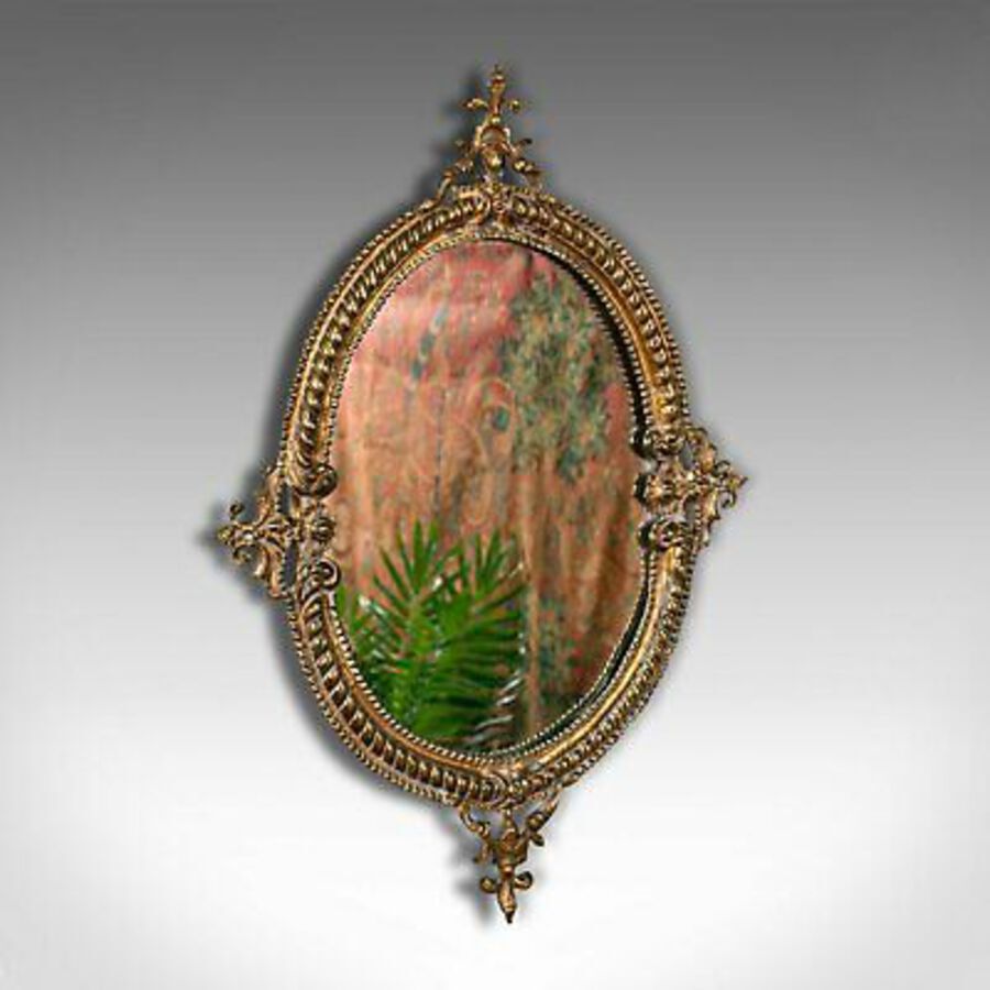 Small Antique Oval Hall Mirror, English, Gilt Metal, Glass, Vanity, Victorian