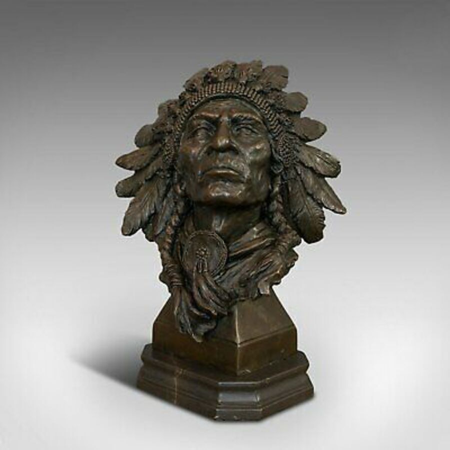 Antique Large Vintage Native American Chief Bust, Bronze, Sculpture, Sioux, After Kauba