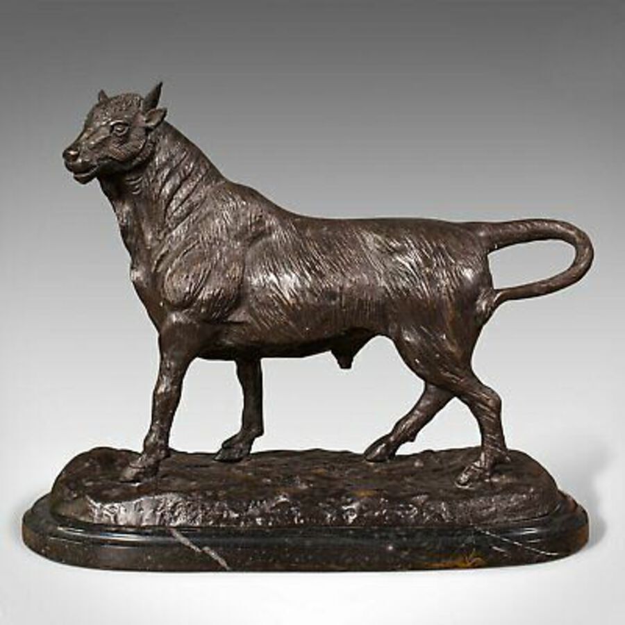 Antique Vintage Decorative Bull Statue, Bronze, Marble, Ornament, After Barye, C.1960