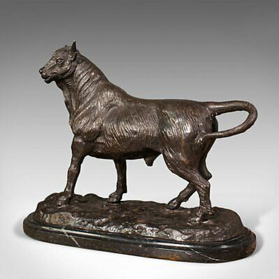 Antique Vintage Decorative Bull Statue, Bronze, Marble, Ornament, After Barye, C.1960