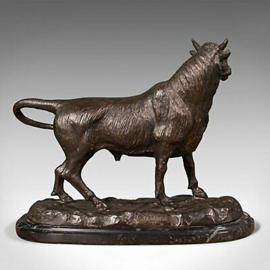 Antique Vintage Decorative Bull Statue, Bronze, Marble, Ornament, After Barye, C.1960