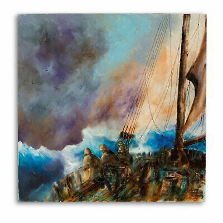 Antique Square, Maritime, Oil Painting, Marine, Ship, Onboard, Art, Original, 25
