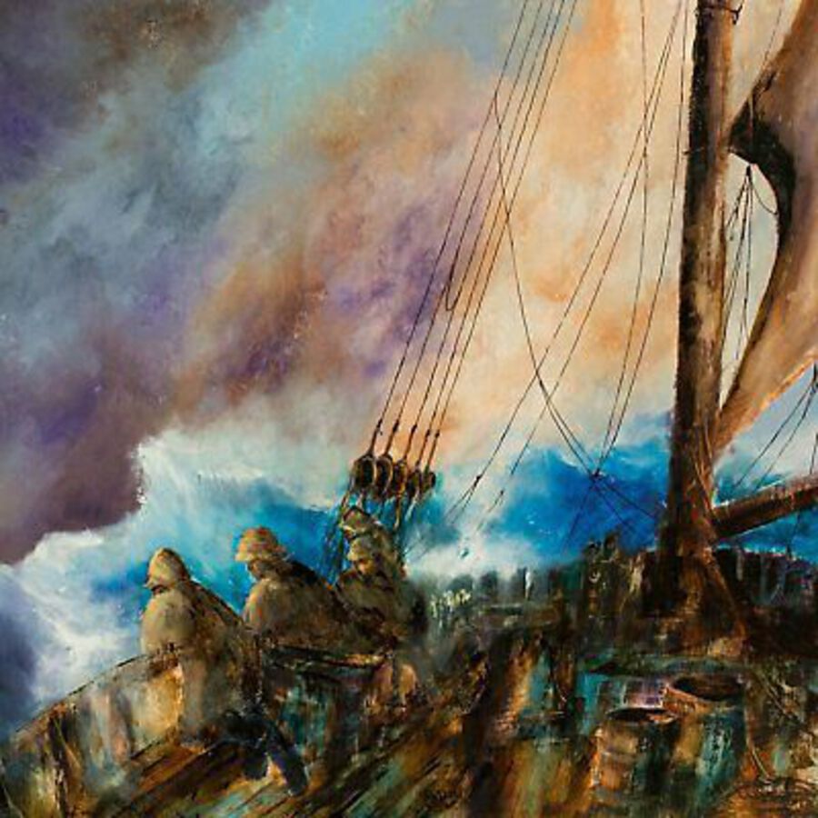 Antique Square, Maritime, Oil Painting, Marine, Ship, Onboard, Art, Original, 25