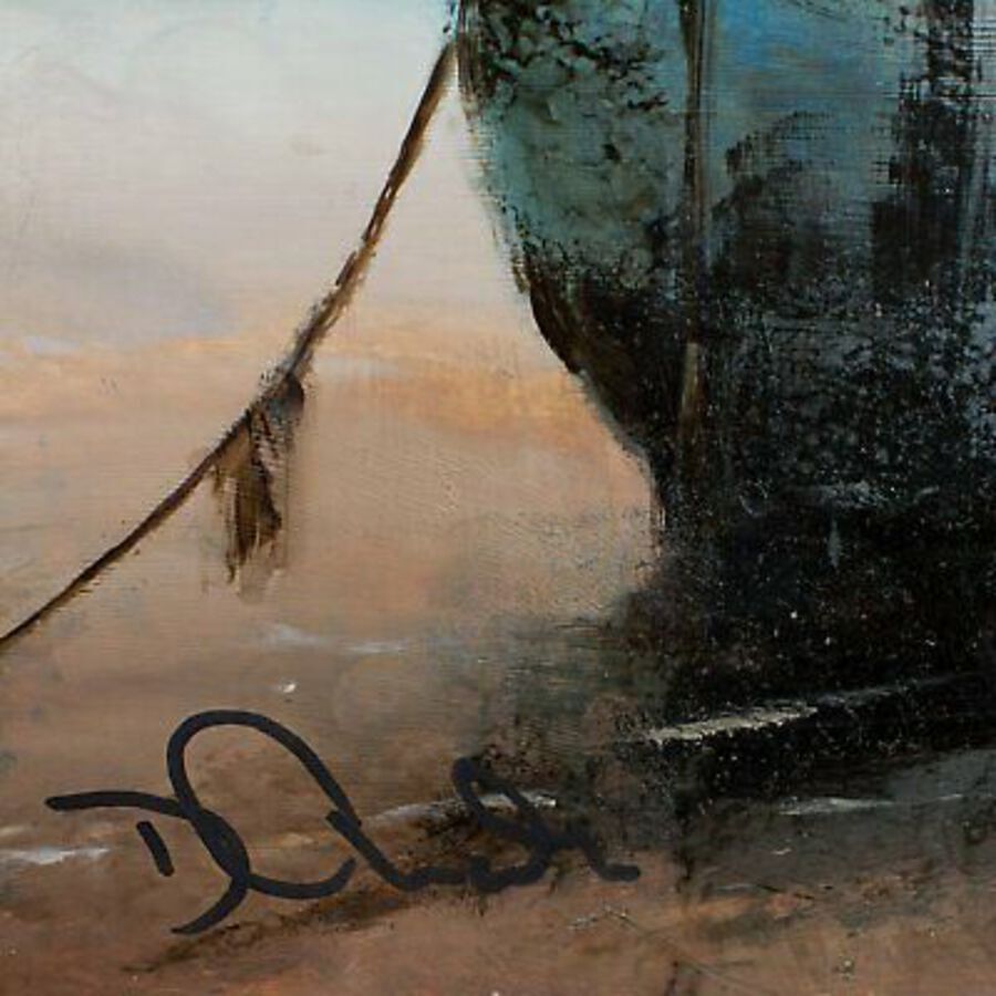 Antique Slimline Beach Scene, Oil Painting, Marine, Ships, Original, Art, 9