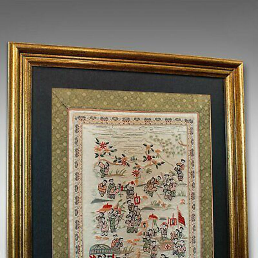 Antique Antique Framed Silk Panel, Oriental, Embroidered, Decorative, 100 Children, 1900