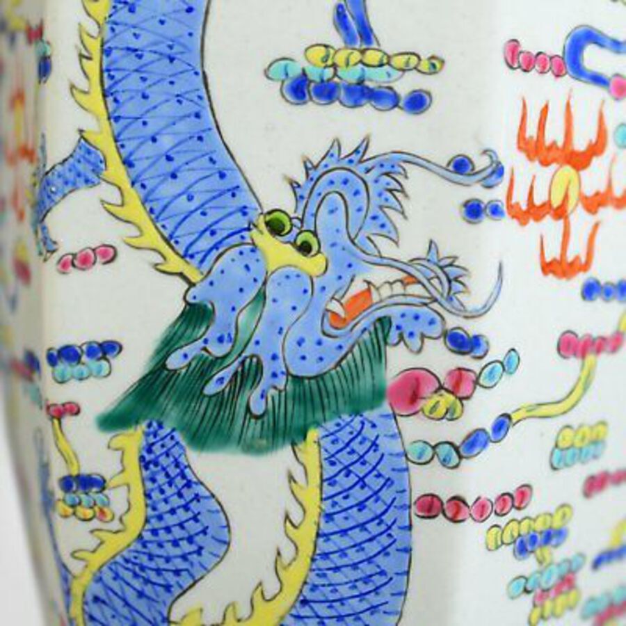 Antique Mid 20th Century, Chinese, Hexagonal, Baluster Vase, Oriental Ceramic Urn