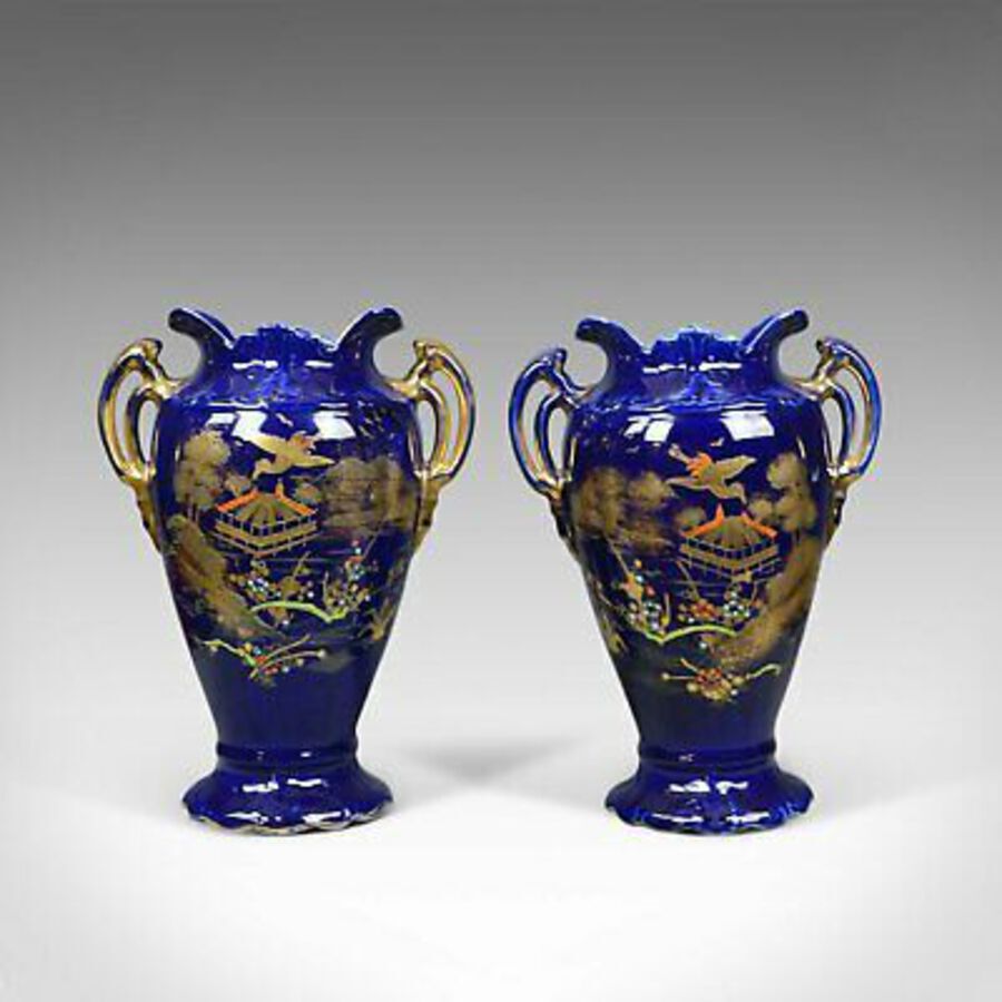 Pair of Decorative Baluster Vases, Ceramic Urns, Gold, Blue, Late 20th Century