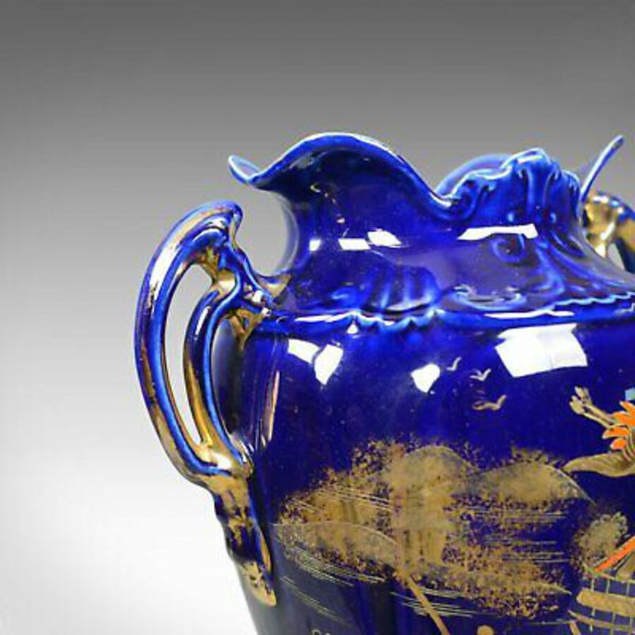 Antique Pair of Decorative Baluster Vases, Ceramic Urns, Gold, Blue, Late 20th Century