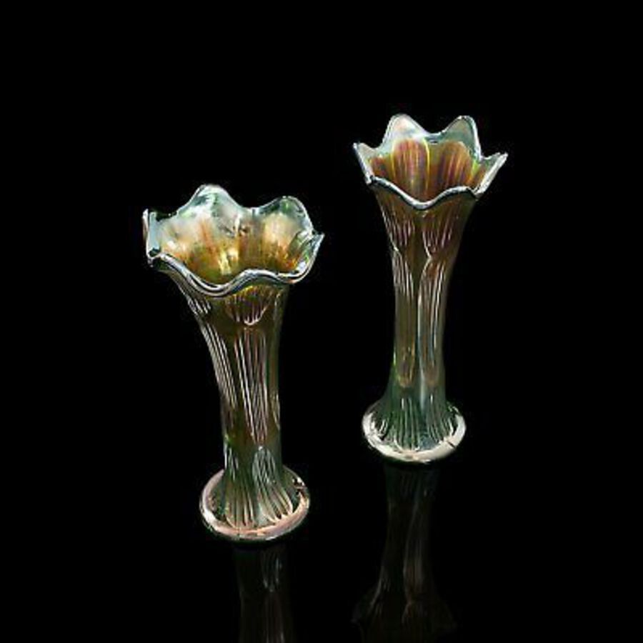 Antique Pair Of, Vintage Decorative Flower Vases, English, Carnival Glass, Circa 1930