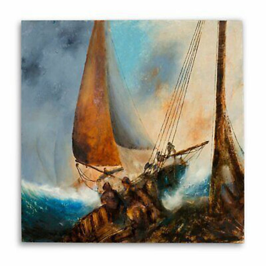 Antique Square Dramatic Maritime, Oil Painting, Art, Original, Marine, Ships 25
