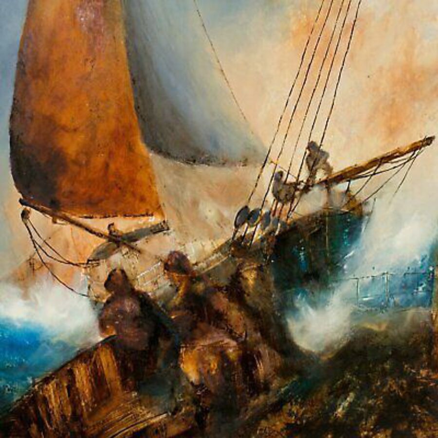Antique Square Dramatic Maritime, Oil Painting, Art, Original, Marine, Ships 25