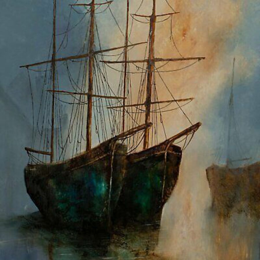 Antique Square Maritime Portrait, Oil Painting, Night, Ships, Art, Original, 25