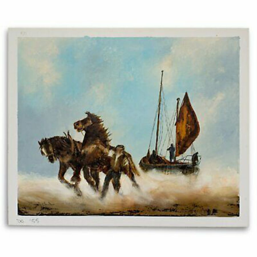Antique Dramatic Equine Scene, Oil Painting, Horses, Marine, Original, Art, 25