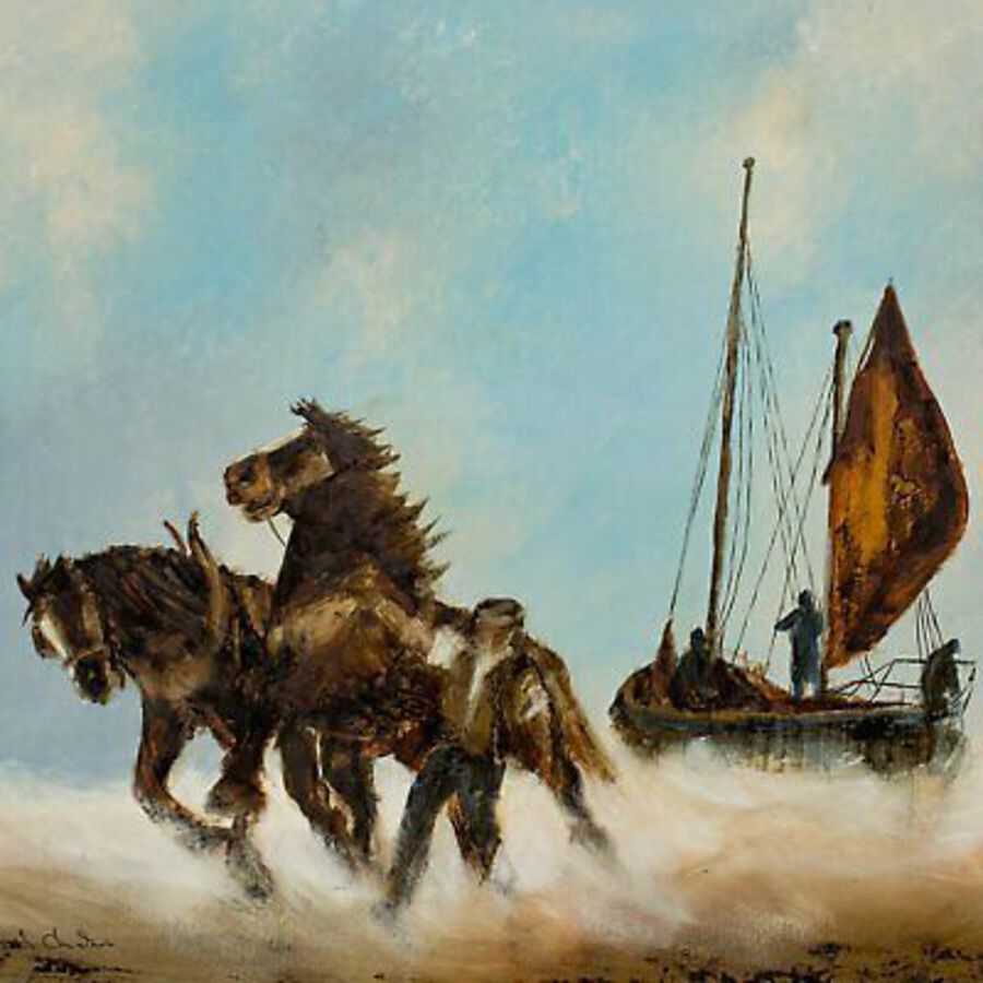 Antique Dramatic Equine Scene, Oil Painting, Horses, Marine, Original, Art, 25